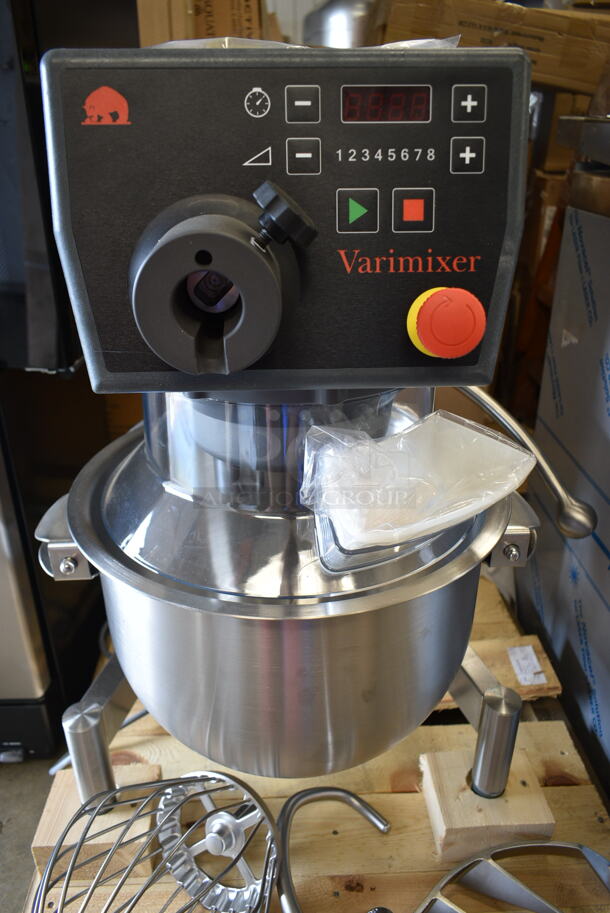 BRAND NEW! 2022 Varimixer V20KT Metal Commercial Countertop 20 Quart Planetary Dough Mixer w/ Stainless Steel Mixing Bowl, Dough Hook, Whisk and Paddle Attachments. 120 Volts, 1 Phase. Tested and Working! - Image 5 of 9