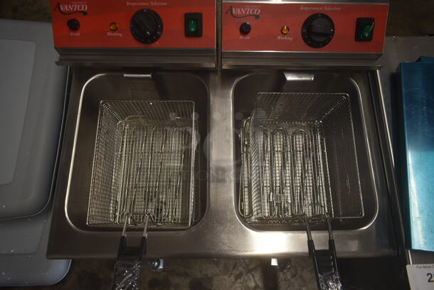 BRAND NEW SCRATCH AND DENT! Avantco 177F202 Stainless Steel Commercial Countertop Electric Powered 2 Bay Deep Fat Fryer w/ 2 Fry Baskets and 2 Lids. 208/240 Volts, 1 Phase. - Image 3 of 5