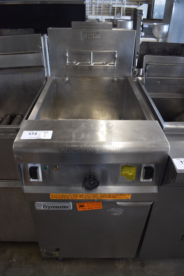 Frymaster Model GWCSC Stainless Steel Commercial Floor Style Natural Gas Powered Deep Fat Fryer on Commercial Casters. 80,000 BTU. 20x34x47