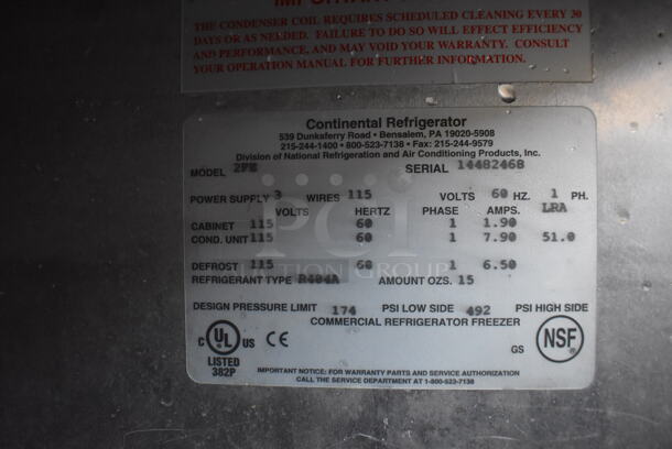 Continental 2FE Stainless Steel Commercial 2 Door Reach In Freezer on Commercial Casters. 115 Volts, 1 Phase. 54x36x82. Tested and Powers On But Temps at 24 Degrees - Image 4 of 7