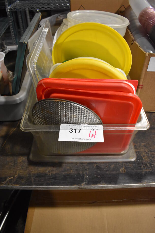 ALL ONE MONEY! Lot of Various Items Including Poly Lids in Clear Poly Full Size Drop In Bin - Image 1 of 3
