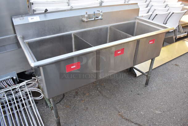 Stainless Steel Commercial 3 Bay Sink w/ Handles. 65.5x25.5x44
