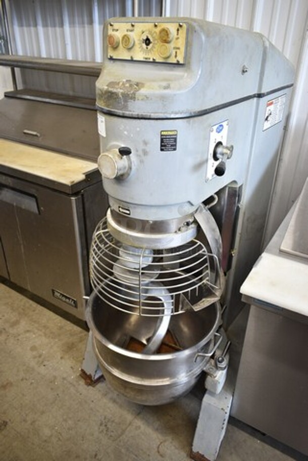 Globe SP62P Metal Commercial Commercial Floor Style 60 Quart Planetary Dough Mixer w/ Stainless Steel Mixing Bowl, Bowl Guard and Dough Hook Attachment. 208 Volts, 3 Phase. - Item #1117177