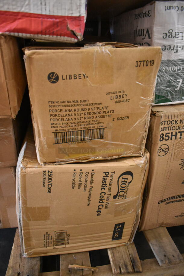 PALLET LOT of 30 BRAND NEW Boxes Including 760SOUP8WPL Choice 8 oz. White Double Poly-Coated Paper Food Cup with Vented Plastic Lid - 250/Case, 3 Box 128HD8BULK ChoiceHD 8 oz. Microwavable Translucent Plastic Deli Container - 480/Case, 500CC16 Choice Plastic Cold Cup, 612527PCO Choice 7" Round Standard Weight Foil Take-Out Pan with Dome Lid - 200/Case, 612P558 Choice 8" Clear Round Plastic Dome Lid - 500/Case, 160TCPR83WH Choice 83" Round White 100% Spun Polyester Hemmed Cloth Table Cover, 2 Box 128HDLDBULK ChoiceHD Microwavable Translucent Plastic Deli Container Lid - 480/Case, 37T019 Libbey 9" Plates, 500TW35 Choice 3.5 oz. Translucent Thin Wall Plastic Cold Cup - 2500/Case, 394365L Noble Products Powder-Free Disposable Clear Vinyl Gloves for Foodservice - Large - 1000/Case, 245CB12PLN Choice 12" x 12" x 2" Kraft Customizable Corrugated Plain Pizza Box - 50/Case, 500PMGREEKBL Choice 10" x 14" Greek Key Blue Placemat - 1000/Case, 129MCS24W Choice 24 oz. White 8" x 5 1/4" x 2" Rectangular Microwavable Heavy Weight Container with Lid - 150/Case, 347TCL7 CUP 7OZ TUMBLER CL 500 CHOICE, 2 Box 129MCR32B Choice 32 oz. Black 7 1/4" Round Microwavable Heavy Weight Container with Lid - 10/Pack, 760SOUP12WP Choice 12 oz. White Double Poly-Coated Paper Food Cup with Vented Plastic Lid - 250/Case. 30 Times Your Bid! - Image 8 of 12