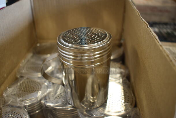 12 BRAND NEW IN BOX! Stainless Steel Seasoning Shakers. 4x3x4. 12 Times Your Bid!