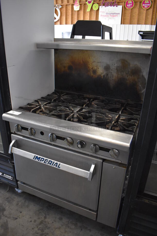 Imperial Stainless Steel Commercial Natural Gas Powered 6 Burner Range w/ Oven, Over Shelf and Back Splash on Commercial Casters. 36x34x57 - Image 2 of 6