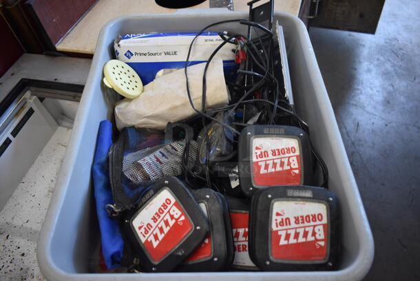 ALL ONE MONEY! Lot of Various Items Including 8 Table Buzzers, Charging Base and Gloves in Gray Poly Bus Bin