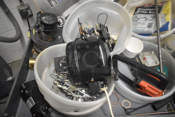 Gray Metal 2 Tier Cart w/ Contents Including Motor, Metal Pieces and Filter on Commercial Casters. - Image 2 of 7