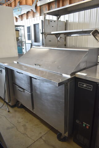 Beverage Air SPED48-18M-2 Stainless Steel Commercial Sandwich Salad Prep Table Bain Marie Mega Top w/ 2 Drawers and Door on Commercial Casters. 115 Volts, 1 Phase. Tested and Powers On But Does Not Get Cold