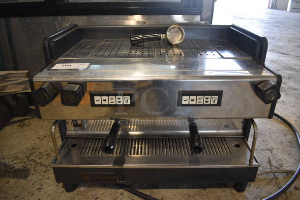 Brugnetti Model Meta Stainless Steel Commercial Countertop 2 Group Espresso Machine w/ 3 Portafilters and Steam Wands. 230 Volts. 27.5x21.5x19.5