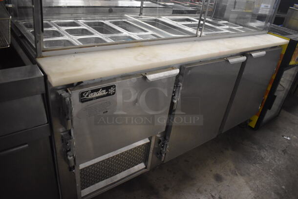 Leader Stainless Steel Commercial Prep Table w/ Glass Sneeze Guard, Various Drop In Bins on Commercial Casters. 115 Volts, 1 Phase. 72x33x55. Tested and Does Not Power On - Image 3 of 9