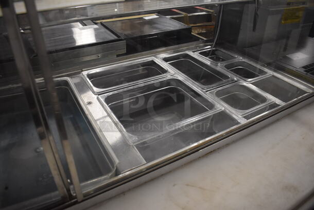 Leader Stainless Steel Commercial Prep Table w/ Glass Sneeze Guard, Various Drop In Bins on Commercial Casters. 115 Volts, 1 Phase. 72x33x55. Tested and Does Not Power On - Image 5 of 9