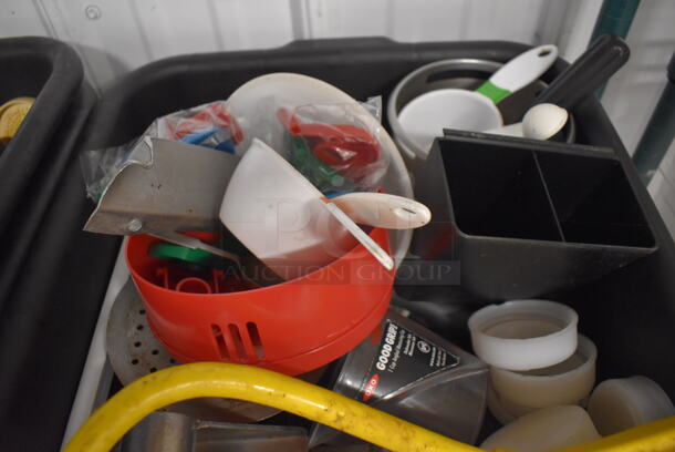 ALL ONE MONEY! Lot of 2 Black Poly Bus Bins Including Metal Lids, Poly Condiment Bottle Lids and Mandolin Slicer Holder - Image 3 of 7