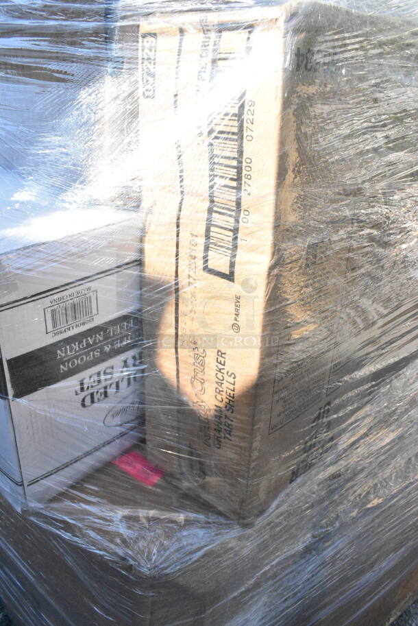 32 BRAND NEW Boxes Including 5013858 Lavex Hercules 55 Gallon 2 Mil 38" x 58" Low Density Heavy-Duty Black Can Liner / Trash Bag - 50/Case, 2 Box 347RPBD6WHSV Visions 6" White Plastic Plate with Silver Bands - 150/Case, 129MCR16B Choice 16 oz. Black 6 1/4" Round Microwavable Heavy Weight Container with Lid - 150/Case, 129MCS28B Choice 28 oz. Black Rectangular Microwavable Heavy Weight Container with Lid 8 3/4" x 6 1/4" x 1 3/4" - 150/Case, 612613245HD Choice Half Size Heavy-Duty Foil Steam Pan Deep 2 9/16" Depth - 100/Case, 500CC20PLA EcoChoice 20 oz. PLA Compostable Plastic Cold Cup - 600/Case, 395RP10CPF EcoChoice No PFAS Added 10" Natural Bagasse Blend 3 Compartment Plate - 500/Case, 24510PIZZAPAD Choice Single Face Corrugated Pizza Pad - 10" x 10" - 200/Case, 500MFT Lavex Natural Brown Kraft M-Fold (Multifold) Towel - 4000/Case, 394EN403L Noble Products Nitrile 3.5 Mil Thick Black All-Purpose Powder-Free Disposable Gloves - 1000/Case, 2 Box 433NHT109 Choice 1/6 Standard Size Beige "Thank You" Script Heavy-Duty Plastic T-Shirt Bag - 600/Case, 347RPBD10WHS Visions 10" White Plastic Plate with Silver Bands - 120/Case, 129MCR32W Choice 32 oz. White 7 1/4" Round Microwavable Heavy Weight Container with Lid - 150/Case, Dart 8J8 8 oz. White Customizable Foam Cup - 1000/Case. 32 Times Your Bid!  - Image 3 of 12