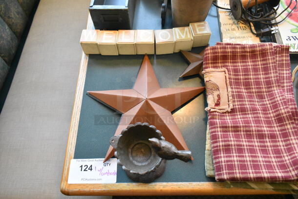 Wall Mount Table w/ Contents Including Vases, Clock and Decor. BUYER MUST REMOVE: Bring Tools and Manpower Needed To Remove This Item. (booth room)  - Image 3 of 11