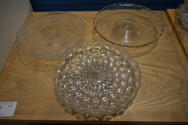 3 Glass Dishes; 2 Cake Stands and 1 Tray. 3 Times Your Bid!