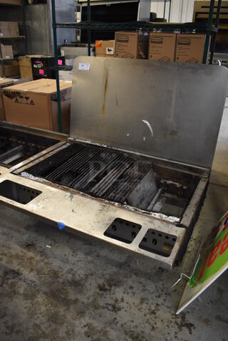 Wolf Stainless Steel Commercial Countertop Natural Gas Powered Charbroiler Grill w/ Back Splash. Missing Grates. 47x37x41
