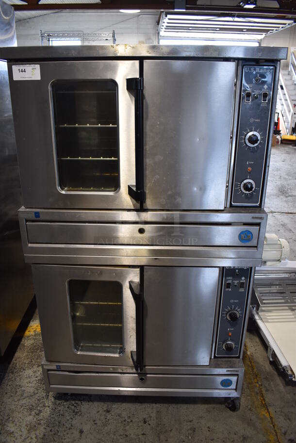 2 US Range CG-100 Stainless Steel Commercial Full Size Natural Gas Powered Convection Ovens w/ View Through Door, Solid Door, Metal Oven Racks and Thermostatic Controls on Commercial Casters. 80,000 BTU. 2 Times Your Bid!