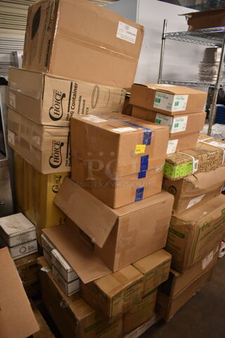 PALLET LOT OF 32 BRAND NEW Boxes Including 2 Box Choice Oblong Plastic Dome Lid, 347RP6WHGLD Visions 6" White Plastic Plate with Gold Lattice Design - 150/Case, 2 Box Choice Deli Container, 500TO993C3 9" x 9" x 3" Microwaveable 3-Compartment Black / Clear Plastic Hinged Container, 271VC5252SBK Intedge 52" x 52" Black Solid Vinyl Table Cover with Flannel Back, 178NLE10CN Compressor, 17828026SC Starting Capaci, 17828015PS Protector, 17828002C Compressor Cover, 3 Box 433NHTBIO EcoChoice 1/6 Standard Size Biodegradable Standard-Duty Plastic T-Shirt Bag - 500/Case, 357FBT2068A0 BASE & TOP PLATE - KT22 BLK 2/PK, 2 Box 485WPJ7BK EcoChoice 7 3/4" Jumbo Black Wrapped Paper Straw - 3200/Case. 32 Times Your Bid!