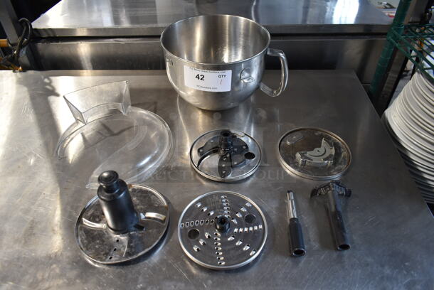 ALL ONE MONEY! Lot of Metal Mixing Bowl, 4 Food Processor Blades and Clear Cover - Image 1 of 5