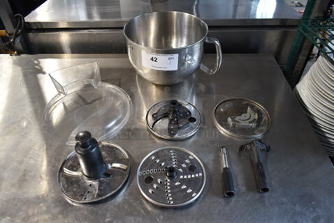 ALL ONE MONEY! Lot of Metal Mixing Bowl, 4 Food Processor Blades and Clear Cover
