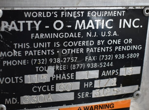 Patty-o-matic 330A Stainless Steel Commercial Countertop Automatic Patty Forming Machine w/ Equipment Stand on Commercial Casters. 115/208 Volts, 1 Phase.  - Image 8 of 8