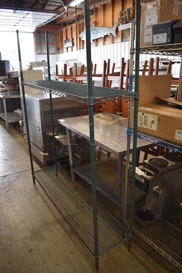 Green Finish 2 Tier Metro Style Shelving Unit. BUYER MUST DISMANTLE. PCI CANNOT DISMANTLE FOR SHIPPING. PLEASE CONSIDER FREIGHT CHARGES. 60x14x73