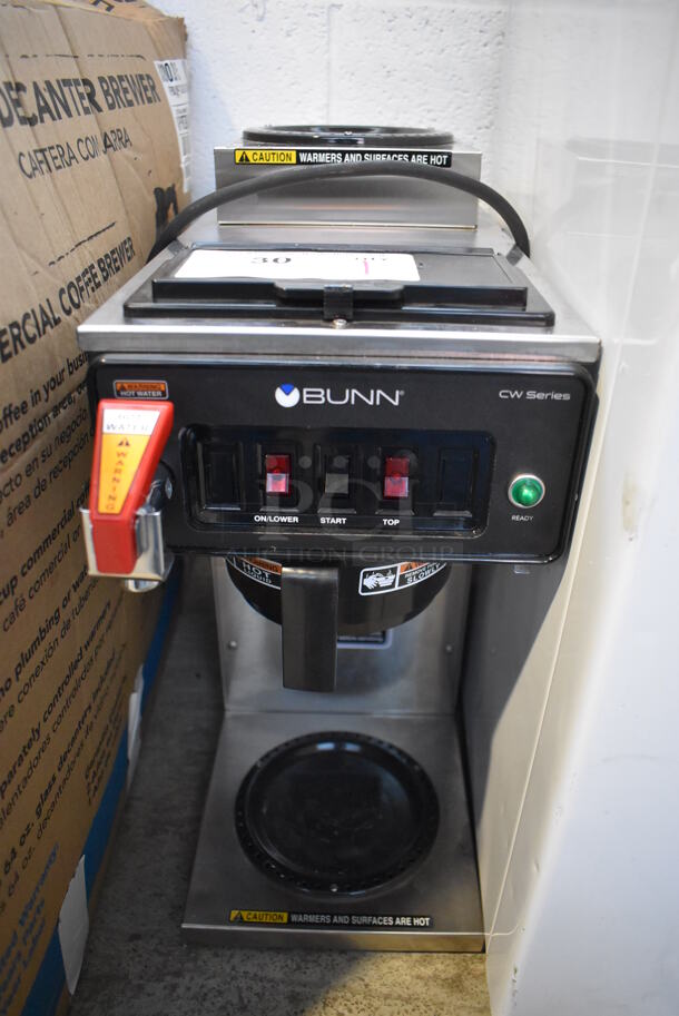 BRAND NEW SCRATCH AND DENT! 2022 Bunn CWTF15 Stainless Steel Commercial Countertop 2 Burner Coffee Machine w/ Hot Water Dispenser and Poly Brew Basket. 120 Volts, 1 Phase. 8x20x20