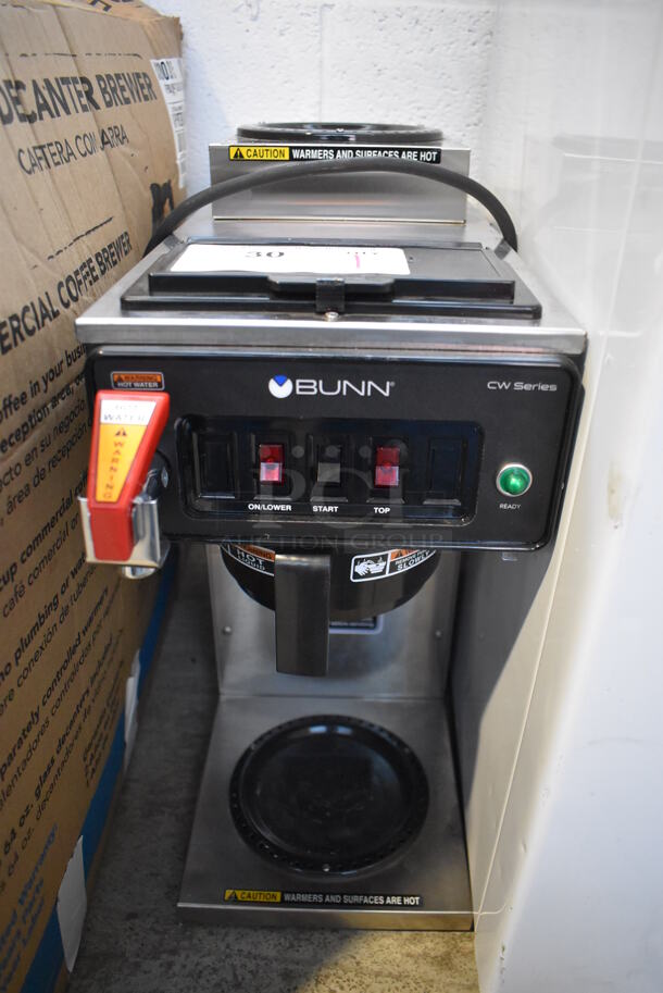 BRAND NEW SCRATCH AND DENT! 2022 Bunn CWTF15 Stainless Steel Commercial Countertop 2 Burner Coffee Machine w/ Hot Water Dispenser and Poly Brew Basket. 120 Volts, 1 Phase. 8x20x20 - Image 1 of 5
