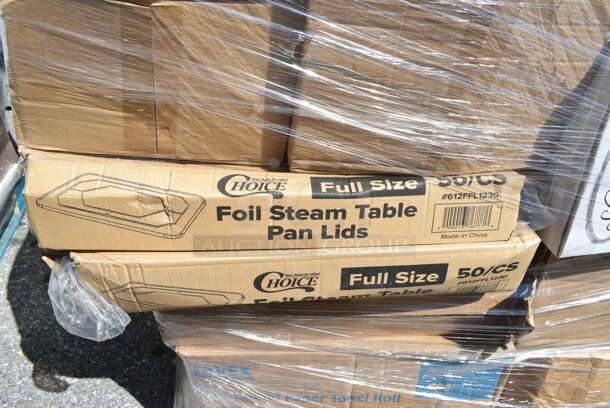 PALLET LOT of 30 BRAND NEW Boxes Including 760IC08W Choice 8 oz. White Paper Frozen Yogurt / Food Cup - 1000/Case, Dart 60HT1 White Foam Hinged Lid Container 6" x 6" x 3" - 500/Case, 2 box 612FFL1230 Choice Foil Steam Table Pan Lid - Full Size - 50/Case, 50020W Choice 20 oz. White Poly Paper Hot Cup, 50010W Choice 10 oz. White Poly Paper Hot Cup - 1000/Case, 127RD32BULK Choice 32 oz. Customizable Microwavable Translucent Round Deli Container - 500/Case, 50012W Choice 12 oz. White Poly Paper Hot Cup - 1000/Case, 395TO991 EcoChoice 9" x 9" x 3" Compostable Sugarcane / Bagasse 1 Compartment Take-Out Box - 200/Case, 500TW16S Choice 16 oz. Translucent Thin Wall Squat Plastic Cold Cup - 1000/Case, 760PCCLEM22 Carnival King 22 oz. Poly Paper Lemonade Cup - 1000/Case. 30 Times Your Bid!  - Image 4 of 12