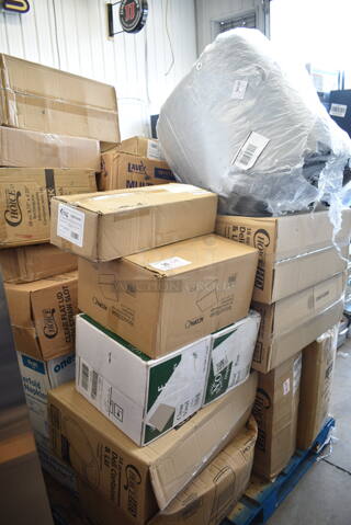 PALLET LOT of 34 BRAND NEW Boxes Including 105GC36321 Choice 1 Part Green and White Guest Check with Bottom Guest Receipt - 50/Case, 176WDBASE Acopa Wood Stand for Glass Beverage Dispensers, 2 Box 394365L Noble Large Gloves, 3 Box 128HD16COMBO ChoiceHD 16 oz. Microwavable Translucent Plastic Deli Container and Lid Combo Pack - 240/Case, 500TW7 Choice 7 oz. Translucent Thin Wall Plastic Cold Cup - 2500/Case, 760PCC03W Choice 3 oz. White Poly Paper Cold Cup - 5000/Case, 2 Box 500MFT Lavex White M-Fold (Multifold) Towel - 4000/Case, 177KNIFESHRP Galaxy KNIFESHRP 2-Stage Standard-Duty Electric Knife Sharpener, 127CH24 Choice 24 oz. Clear RPET Hinged Deli Container - 200/Case, 500CC10 Choice 10 oz. Clear PET Plastic Cold Cup - 1000/Case, 322UF4911 Noble Products 3" Use First Removable Round Label with Dispenser Carton - 500/Roll, 129MCS38B Choice 38 oz. Black Rectangular Microwavable Heavy Weight Container with Lid 8 3/4" x 6 1/4" x 2" - 150/Case, 347RPBD9WHSV Visions 9" White Plastic Plate with Silver Bands - 120/Case, 394345XL Noble NexGen Powder-Free Disposable Black Hybrid 3 Mil Thick Gloves - 1000/Case. 34 Times Your Bid! 