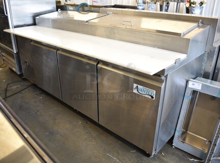 Avantco 178PICL3HC Stainless Steel Commercial Pizza Prep Table Bain Marie Mega Top w/ Over Sized Cutting Board on Commercial Casters. 115 Volts, 1 Phase. Tested and Working!