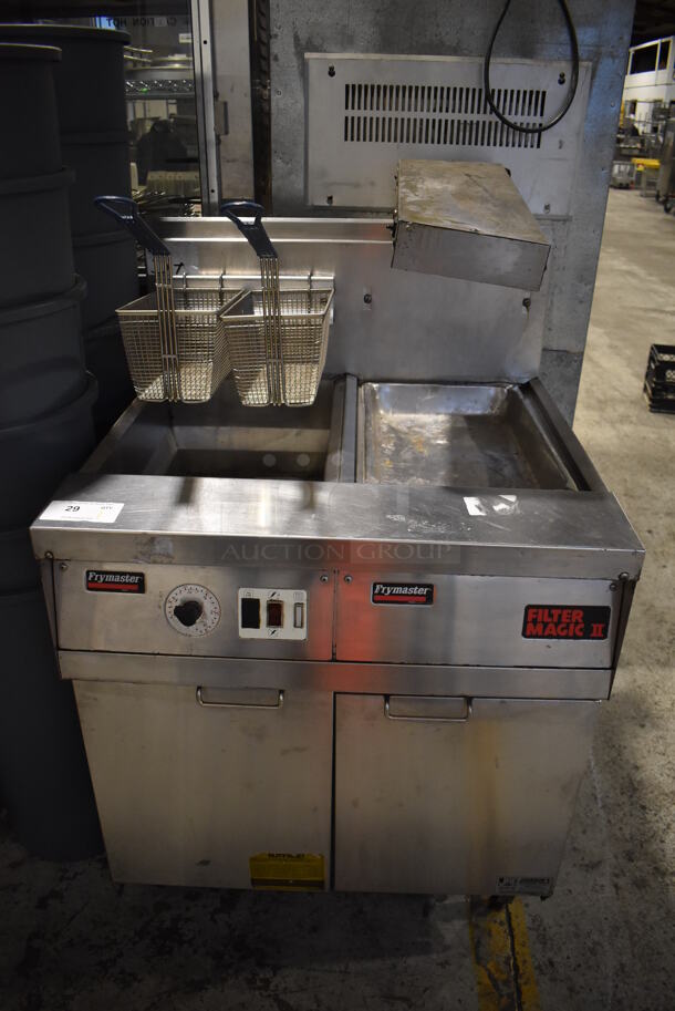 Frymaster FM145ESE Filter Magic II Stainless Steel Commercial Natural Gas Powered Single Bay Deep Fat Fryer w/ Right Side Dumping Station, Warming Strip, 2 Metal Fry Baskets on Commercial Casters. 122,000 BTU. 31.5x32x52