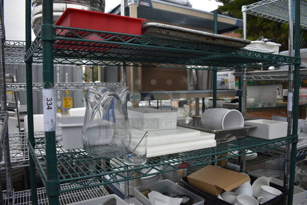 ALL ONE MONEY! Lot of Green Finish 4 Tier Shelving Unit on Commercial Casters w/ All Contents Including White Ceramic Dishes, Cutting Boards and Metal Pieces. BUYER MUST DISMANTLE. PCI CANNOT DISMANTLE FOR SHIPPING. PLEASE CONSIDER FREIGHT CHARGES. 48x24x80 - Image 3 of 6