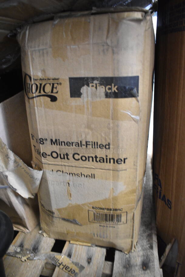 PALLET LOT of 25 BRAND NEW Boxes Including 500MF883W1C Choice 8" x 8" 1-Compartment Microwaveable White Mineral-Filled Plastic Hinged Take-Out Container - 150/Case, Dart 20J16 20 oz. White Customizable Foam Cup - 500/Case, 164TB3030 Lancaster Table & Seating 30" x 30" Cross Cast Iron Table Base Plate, Tin Trash Can Lids, 395TO991 EcoChoice 9" x 9" x 3" Compostable Sugarcane / Bagasse 1 Compartment Take-Out Box - 200/Case, French Fry Bags, 2 Box 500COLLAR8BR EcoChoice 8 oz. Kraft Coffee Cup Sleeve / Jacket / Clutch - 1200/Case, 460EC18UHAND Regency 18" NSF Chrome Utility Cart Handle, 2 Box 105GC36321 Choice 1 Part Green and White Guest Check with Bottom Guest Receipt - 50/Case, 2 Box 500MF883B1C Choice 8" x 8" 1-Compartment Microwaveable Black Mineral-Filled Plastic Hinged Take-Out Container - 150/Case, Regency 600SPL2424R Regency 15" High Stainless Steel Mop Sink Backsplash and Right Side Splash for 24 x 24" Mop Sink. 25 Times Your Bid!  - Image 2 of 12