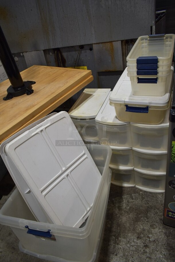 ALL ONE MONEY! Lot of Clear Poly Bins, Lids and 3 Clear and White 3 Drawer Units. 