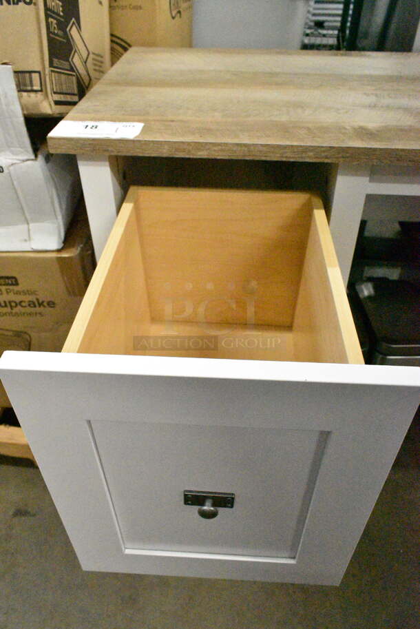 White Wood Pattern Counter w/ Wooden Countertop and 2 Drawers.  - Image 6 of 7