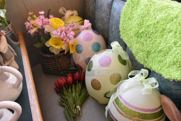 Wall Mount Table w/ Contents Including Spring Decor. BUYER MUST REMOVE: Bring Tools and Manpower Needed To Remove This Item. (booth room)  - Image 3 of 8