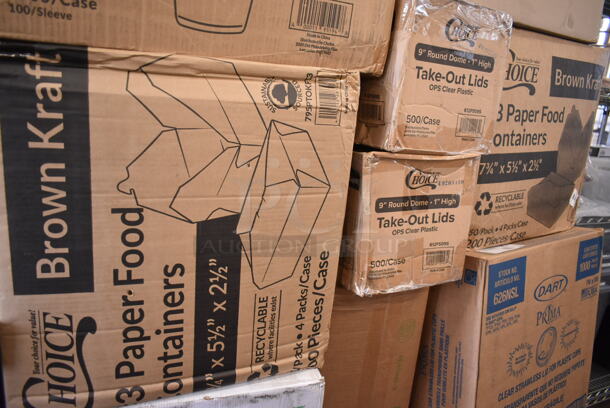 PALLET LOT of 25 BRAND NEW Boxes Including 500TW7 Choice Translucent Thin Wall Plastic Cup, 795PTOKFT3 Choice Kraft Microwavable Folded Paper #3 Take-Out Container 7 3/4" x 5 1/2" x 2 1/2" - 200/Case, 2 Box 612P509S Choice 9" Clear Round Plastic Dome Lid - 500/Case, Choice Paper Food Containers, 2 Box 127P325C Choice 3.25 oz. Clear Plastic Souffle Cup / Portion Cup - 2500/Case, 626NSL Solo Prima Pet Plastic Cold Cup Straless lid. 25 Times Your Bid! - Image 3 of 4