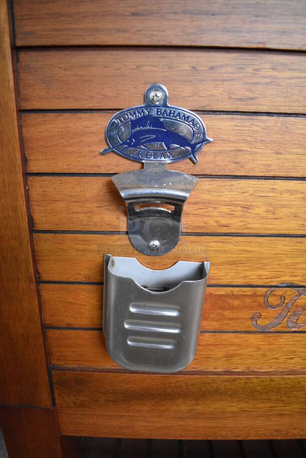 Tommy Bahama Wooden Portable Ice Bin w/ Bottle Opener on Commercial Casters. 47x23x36 - Image 7 of 8