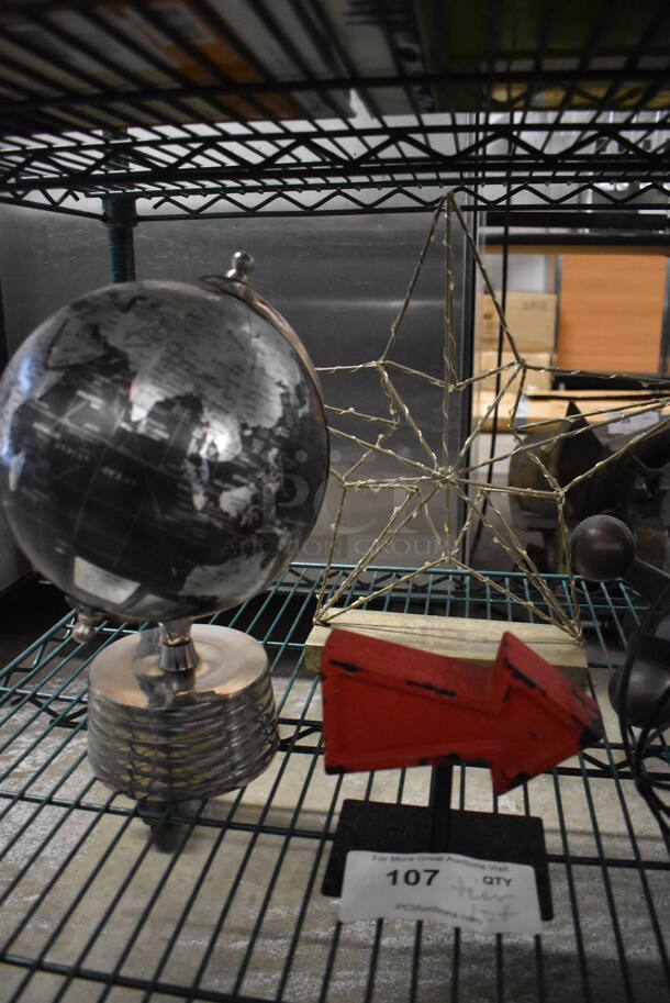 ALL ONE MONEY! Tier Lot of Various Items Including Globe, Metal Arrow, Metal Star Frame and Fake Plant - Image 2 of 4