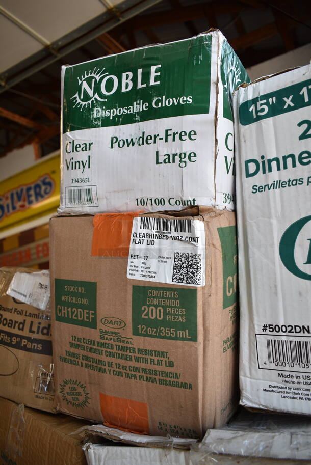 PALLET LOT of 45 BRAND NEW Boxes Including Tork 2461200 Tork Advanced T24 Individually Wrapped 2-Ply Standard 500 Sheet Toilet Paper Roll 4" x 3 3/4" - 80/Case, 2 Box Dart 95HT3R 9 1/2" x 9" x 3" White Foam Three-Compartment Square Take Out Container with Hinged Lid - 200/Case, 127P2C Choice Clear Plastic Souffle Cup / Portion Cup - 2 oz. - 2500/Case, 5080-BK Fineline 9.7" 80 oz Pete Salad Bowls, 5002DNAP Choice White 2-Ply Dinner Napkin 17" x 15" - 3000/Case, Flairware 12 oz Margarita Glasses, 394365L Noble Products Powder-Free Disposable Clear Vinyl Gloves for Foodservice - Large - 1000/Case, Dart ClearPac SafeSeal 12 oz. Tamper-Resistant, Tamper-Evident Hinged Container with Flat Lid - 200/Case, Bell Marque 00200 Napkins, Round Foil Board Lids, 347TCL10 Choice 10 oz. Clear Disposable Plastic Tumbler - 500/Case, 2 Box 128HD16COMBO ChoiceHD Microwavable Plastic Deli Container, Choice 5 oz Dessert Cups, 4 Box 130WSPOON Choice Medium Weight White Plastic Teaspoon - 1000/Case, 2 Box 129MCR16B Dart ClearPac SafeSeal 12 oz. Tamper-Resistant, Tamper-Evident Hinged Container with Flat Lid - 200/Case, 128HDLDBULK ChoiceHD Microwavable Translucent Plastic Deli Container Lid - 480/Case, 500MF883B1C Choice 8" x 8" 1-Compartment Microwaveable Black Mineral-Filled Plastic Hinged Take-Out Container - 150/Case, 50012RIPKRPE Choice 12 oz. Double Wall Ripple Kraft Paper Hot Cup - 500/Case, 795PTOKFT8 Choice Kraft Microwavable Folded Paper #8 Take-Out Container 6" x 4 3/4" x 2 1/2" - 300/Case, 500L1020B Choice Black Hot Paper Cup Travel Lid for 10-24 oz. Standard Cups and 8 oz. Squat Cups - 1000/Case. 45 Times Your Bid! - Image 7 of 12