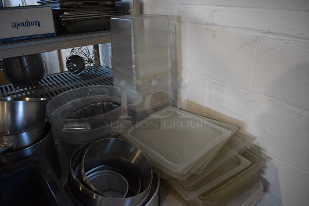 ALL ONE MONEY! Lot of Tabletop Lot of Various Items Including Dishes, Trash Can, Poly Bins, Metal Baking Pans and Metal Baskets. Does Not Include Table. - Image 10 of 10