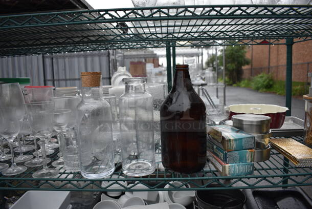 ALL ONE MONEY! Lot of Green Finish 4 Tier Shelving Unit on Commercial Casters w/ All Contents Including Glasses, Poly Bins, Bar Mats. BUYER MUST DISMANTLE. PCI CANNOT DISMANTLE FOR SHIPPING. PLEASE CONSIDER FREIGHT CHARGES. 60x24x80 - Image 5 of 10
