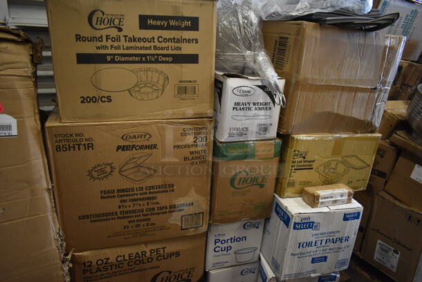 PALLET LOT of 35 BRAND NEW! Boxes Including 2 Box 5002TPSELHC Lavex Select Toilet Paper, 2 Choice 0.75 oz Portion Cups, 500CC12 Choice Clear PET Customizable Plastic Cold Cup - 12 oz. - 1000/Case, Foam Hinged Lid Containers, 612509LCO Choice 9" Round Standard Weight Foil Take-Out Pan with Board Lid - 200/Case, 130HKCL1M Visions Clear Heavy Weight Plastic Knife - Case of 1000, 395TO961 EcoChoice 9" x 6" x 3" Compostable Sugarcane / Bagasse 1 Compartment Take-Out Container - 200/Case, 124EM199 American Metalcraft 1" Stainless Steel Number Mini Table Tents - 1 to 99, Choice Flat Lid Hinged Deli Container, 1330DSSUF Plastic Deli Saddle Bag, Ziploc Sacs. 35 Times Your Bid! - Image 3 of 7