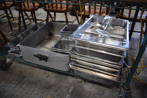 ALL ONE MONEY! Tier Lot of Various Items Including Stainless Steel Full Size Drop In Bins and Metal Baking Pan