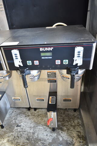 Bunn DUAL TF DBC Stainless Steel Commercial Countertop Double Coffee Machine w/ Hot Water Dispenser and 2 Metal Brew Baskets. 120/208-240 Volts, 1 Phase. 