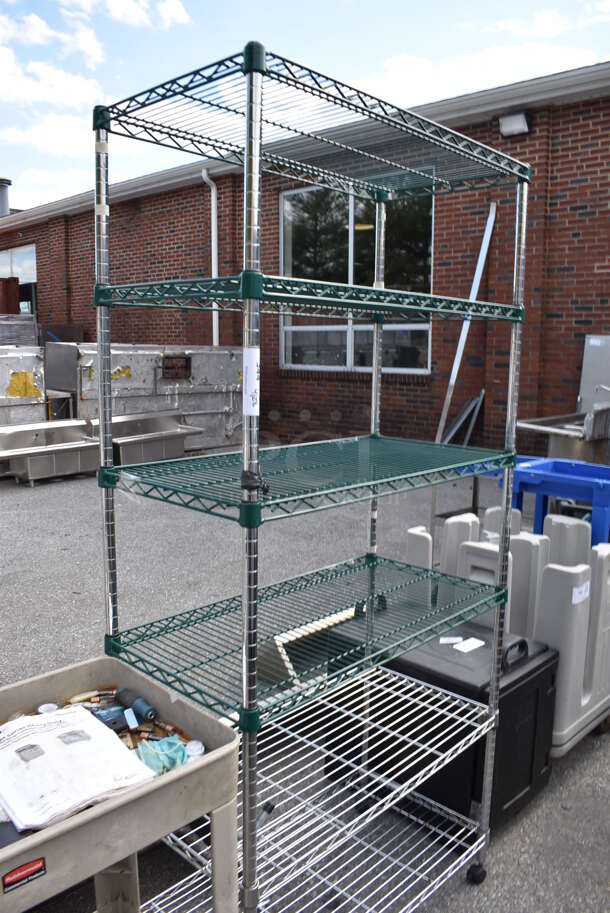 Green and Chrome Finish 6 Tier Wire Shelving Unit. BUYER MUST DISMANTLE. PCI CANNOT DISMANTLE FOR SHIPPING. PLEASE CONSIDER FREIGHT CHARGES. - Image 4 of 4