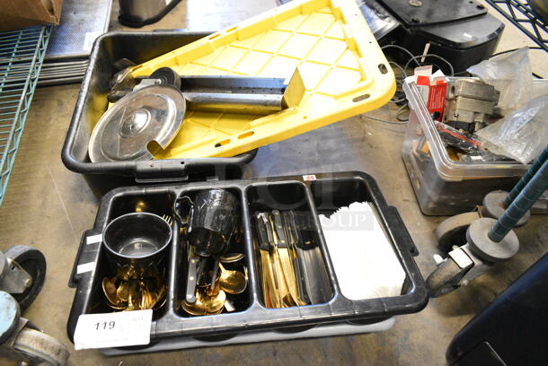 ALL ONE MONEY! Lot of Various Items Including Knives, Metal Lid and Silverware Bins.  - Image 1 of 7