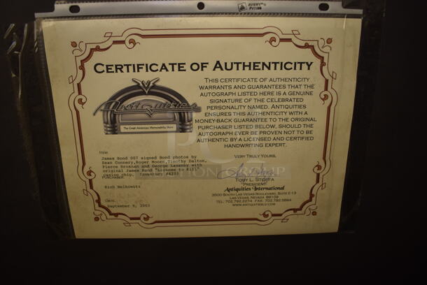Framed Collage of 5 Autographed James Bonds Actors Including Sean Connery, Roger Moore, Timothy Dalton, Pierce Brosnan, and George Lazenby. Certificate of Authenticity is Attached To Back of Frame. - Image 9 of 9